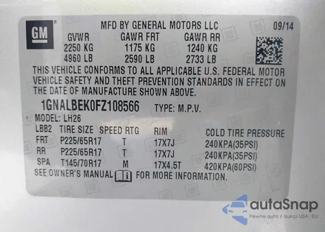 2015 Chevrolet Equinox 1Lt z USA, uszkodzony, nr VIN 1GNALBEK0FZ108566